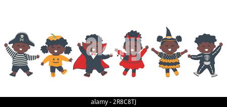 Fête d'Halloween pour enfants. Les enfants noirs mignons dansent en costumes d'halloween. Sorcière, pirate, citrouille, vampire, imp et squelette dans l'image. Vecteur Illustration de Vecteur