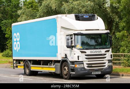 Milton Keynes, Royaume-Uni - 18 juin 2023 : 2015 CAMION SCANIA P250 livraison pour la Co-Op voyageant sur une route anglaise Banque D'Images