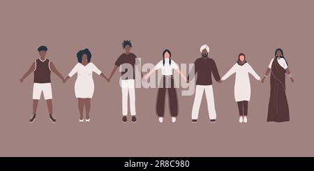 Des personnes qui tiennent la main. Divers groupes de personnes. Concept « renforcer ensemble ». Solidarité des différents hommes et femmes. Silhouettes humaines de différentes races Illustration de Vecteur