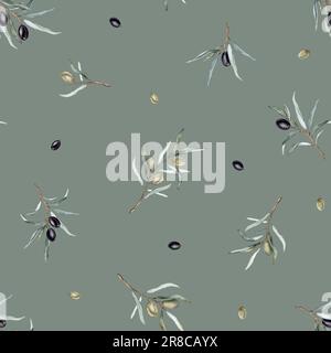 Motif aquarelle sans couture avec olives noires et vertes et branches. Olives peintes à la main isolées sur fond blanc. Illustration botanique pour Banque D'Images