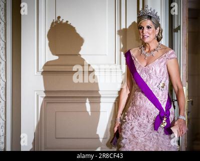 BRUXELLES - Reine Maxima avant le banquet d'État au château de Laeken le premier jour de la visite d'État en Belgique. Le couple royal visitera le pays, à l'invitation du roi de Belgique Philippe et de la reine Mathilde, et visitera, outre Bruxelles, Waterloo, Louvain et Anvers. ANP REMKO DE WAAL pays-bas hors - belgique hors Banque D'Images