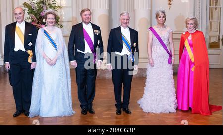 Bruxelles, Belgique. 20th juin 2023. Le prince Lorenz de Belgique, la reine Mathilde de Belgique, le roi hollandais Willem-Alexander, le roi Philippe - Filip de Belgique, la reine Maxima néerlandaise et la princesse Astrid de Belgique photographiés avant le banquet d'État au château royal, Le premier jour de la visite officielle du couple royal néerlandais en Belgique, à Laken/Laeken, Bruxelles, le mardi 20 juin 2023. BELGA PHOTO BENOIT DOPPAGNE crédit: Belga News Agency/Alay Live News Banque D'Images