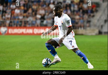 Tallinn, Estonie. 20th juin 2023. Jeremy Doku de Belgique photographié en action pendant le match Estonie contre l'équipe nationale belge de football Red Devils, match 3/8 dans le groupe F de l'Euro 2024 qualifications à Tallinn, Estonie, mardi 20 juin 2023, BELGA PHOTO DIRK WAEM crédit: Belga News Agency/Alay Live News Banque D'Images