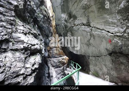 Le Breitachklamm est une gorge créée par la rivière Breitach dans l'Allgau. C'est l'une des gorges les plus profondes des Alpes bavaroises et des rochers les plus profonds. Banque D'Images