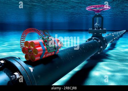 Pipeline allongé avec une bombe au fond de l'océan sous l'eau. 3D rendu Banque D'Images