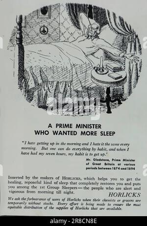 Une publicité de 1945 pour Horlicks, faisant référence à l'ancien Premier ministre M. Gladstone sur l'importance d'une bonne nuit de sommeil. La publicité prétend que leur produit vous met dans les 1st personnes de sommeil de groupe, qui sont alertes et vigoureux du matin jusqu'à la nuit! Banque D'Images