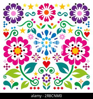 Motif carré vectoriel de style mexicain rétro avec coeurs et fleurs, art folklorique vibrant - parfait pour une carte de vœux ou un invité de mariage Illustration de Vecteur