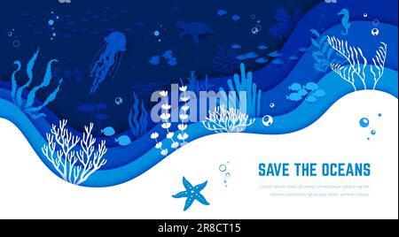 Sauvez l'océan. Animaux marins et algues sur papier découpé paysage sous-marin. Conscience vectorielle de la beauté et de la fragilité de la vie marine, préservant l’océan et ses habitants pour les générations futures Illustration de Vecteur