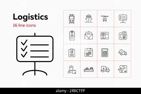 Ensemble d'icônes de la chaîne logistique. Badge, liste de contrôle, camion, coursier. Concept de transport. Peut être utilisé pour des sujets tels que la livraison, l'expédition, le service postal Illustration de Vecteur