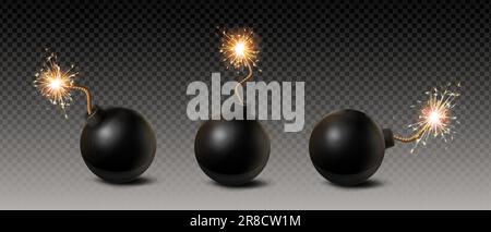 3d ensemble d'icônes vectorielles réalistes. Bombes rondes noires avec fusible en feu sous différents angles, isolées sur fond transparent. Illustration de Vecteur