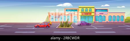 Parking avec voitures à proximité du centre commercial de la ville. Illustration de dessins animés vectoriels d'automobiles devant des bâtiments modernes de café, de beauté et de magasin de jouets, des bancs sous des arbres verts et des buissons, ciel bleu d'été Illustration de Vecteur