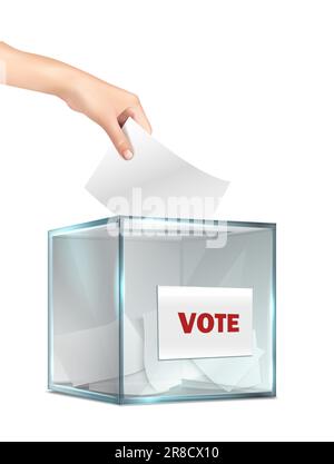 3d icône de vecteur réaliste. Boîte de vote en verre et papier votant à la main à l'intérieur. Concept d'élection. Isolé sur fond blanc. Illustration de Vecteur