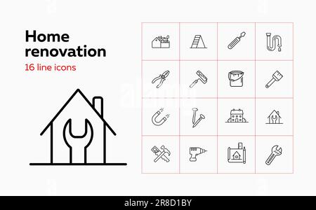 Ensemble d'icônes pour la maison. Boîte à outils, rouleau de peinture, maison. Concept de construction. Peut être utilisé pour des sujets comme la décoration, l'entretien ménager, la réparation Illustration de Vecteur