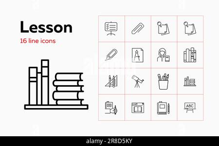 Icônes de leçon. Ensemble d'icônes de ligne. Enseignant, papeterie, tableau noir, manuels scolaires. Concept d'éducation. L'illustration vectorielle peut être utilisée pour des sujets tels que Illustration de Vecteur