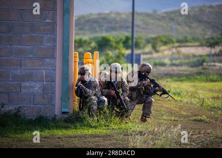 Les citoyens-soldats affectés à la Compagnie de la violation à rôles multiples 892nd, commandement de la troupe 101st, Garde nationale de Porto Rico, terminent une formation des opérations urbaines au Centre d'entraînement conjoint de Camp Santiago, Salinas, Porto Rico, 19 juin 2023. Cette formation permettra aux unités de fonctionner dans une variété de théâtres afin de mieux soutenir les missions de sécurité de l'État et de la défense nationale et les missions d'intervention d'urgence dans le pays. (É.-U. Photo de la Garde nationale de l'armée par le PFC Joel Manzano) Banque D'Images