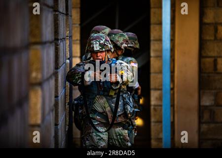 Les citoyens-soldats affectés à la Compagnie de la violation à rôles multiples 892nd, commandement de la troupe 101st, Garde nationale de Porto Rico, terminent une formation des opérations urbaines au Centre d'entraînement conjoint de Camp Santiago, Salinas, Porto Rico, 19 juin 2023. Cette formation permettra aux unités de fonctionner dans une variété de théâtres afin de mieux soutenir les missions de sécurité de l'État et de la défense nationale et les missions d'intervention d'urgence dans le pays. (É.-U. Photo de la Garde nationale de l'armée par le PFC Joel Manzano) Banque D'Images