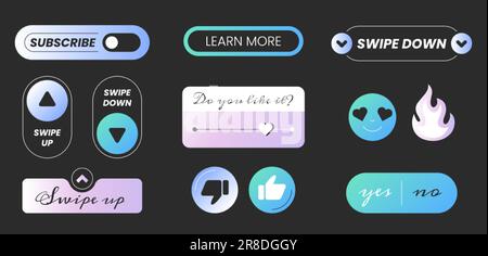Réactions des médias sociaux. Icônes vectorielles plates, éléments de conception Web sur fond noir. Faites glisser votre doigt vers le haut, faites glisser votre doigt vers le bas, en savoir plus, abonnez-vous, autocollants et bouton oui ou non Concept de blogging et de communication. Illustration de Vecteur