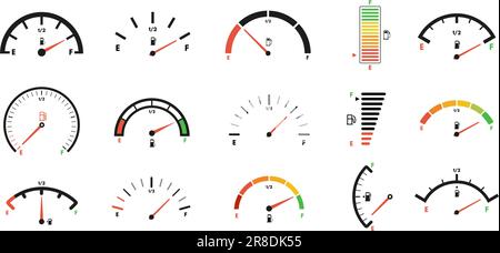 Balances de jauge de carburant. Compteur de gaz, indicateur de niveau d'essence pour la conception du panneau de tableau de bord de voiture. Cadrans de jauge avec jeu de vecteurs de repères vides et pleins. Équipement de véhicule Illustration de Vecteur