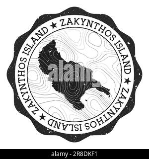 Timbre extérieur de l'île de Zakynthos. Autocollant rond avec carte avec isolignes topographiques. Illustration vectorielle. Peut être utilisé comme insigne, logotype, étiquette, bâton Illustration de Vecteur