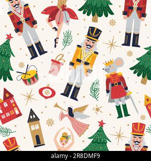 Merry Christmas, New Year Seamless pattern Set avec Ballerina, Mouse King et casse-noisette. Imprimé de Noël avec trois et jouets Illustration de Vecteur