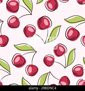 Style art à la ligne avec motif cerisier. Motif cerisier rouge sans couture, modèle vectoriel à motif cerisier plat. Illustration de Vecteur