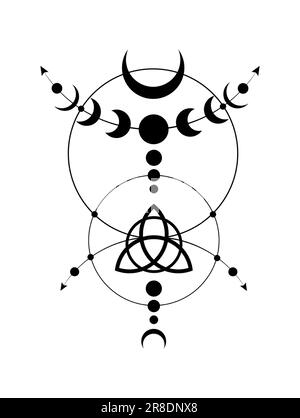 Phases mystiques de la Lune bordure du cadre de Wicca. Triquetra géométrie sacrée. Logo, symbole de la triple déesse Wiccan, cercle d'énergie, vecteur de style boho tattoo noir Illustration de Vecteur