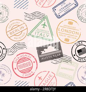 Motif de voyage sans couture. Poster des timbres de pays du monde entier. Graphique vectoriel de timbres de passeport. Badges internationaux. Illustration de Vecteur