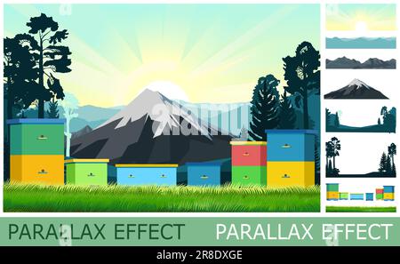 Paysage de montagne avec un apiaire. Ruches dans la prairie. l'ensemble de diapositives crée un calque d'image de parallaxe. Style de dessin animé. Isolé sur fond blanc. Vecteur. Illustration de Vecteur