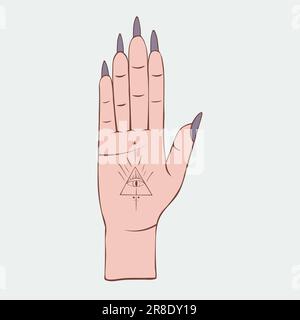 Illustration vectorielle dessinée à la main d'une main avec un symbole ésotérique de l'œil sur la paume de la main. Illustration de Vecteur