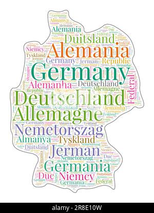 Forme de l'Allemagne rempli avec le nom du pays dans de nombreuses langues. Carte de l'Allemagne dans le style nuage de mots. Illustration vectorielle étonnante. Illustration de Vecteur