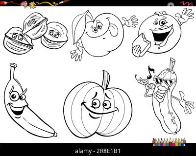 Dessin animé noir et blanc illustration humoristique des fruits et légumes aliments objets personnages ensemble de coloriage page Illustration de Vecteur