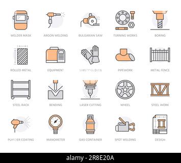Icônes de ligne plate des services de soudage. Produits métalliques laminés, aciérie, découpe au laser en acier inoxydable, travaux de tournage, équipement de sécurité. Fin de l'industrie Illustration de Vecteur