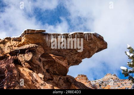 États-Unis, Utah, Springdale, parc national de Zion, glaçons suspendus à la roche dans les montagnes Banque D'Images