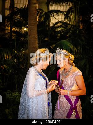 BRUXELLES - 20/06/2023, le roi Willem-Alexander et la reine Maxima ainsi que le roi belge Philippe et la reine Mathilde visitent le jardin d'hiver après le banquet d'État au château de Laeken le premier jour de la visite d'État en Belgique. Le couple royal visitera le pays, à l'invitation du roi de Belgique Philippe et de la reine Mathilde, et visitera, outre Bruxelles, Waterloo, Louvain et Anvers. ANP POOL PATRICK VAN KATWIJK pays-bas hors - belgique hors Banque D'Images