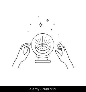 Mains féminines avec la lune et l'étoile, la boule de la fortune mystique et tous voyant l'œil, icône de ligne mince de tatouage. Cristal vectoriel et spa, soins de beauté, occulte ésotérique Illustration de Vecteur