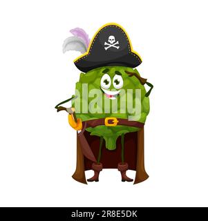 Personnage pirate artichaut de dessin animé Halloween. Vector All Hallows Eve plante joyeuse corsair. Chien de mer comique de légumes porte des vêtements de capitaine de fibustier de fete. Les greens portent un chapeau et une cape de buccaneer Illustration de Vecteur