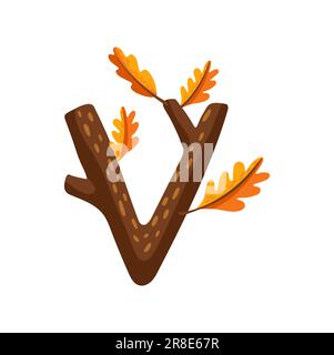 Police d'automne lettre V ABC, typeset ou police de branches d'arbres d'automne avec des feuilles de gland. Typographie vectorielle majuscule de l'alphabet anglais Illustration de Vecteur