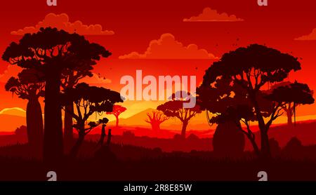 Silhouette de paysage de coucher de soleil de savane africaine. Panorama de paysage avec des arbres de baobab, silhouettes d'animaux de surikats regardant sur le coucher ou le lever du soleil. Nature africaine, savane flore et faune fond Illustration de Vecteur