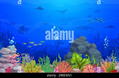 Paysage sous-marin de dessin animé, niveau de jeu. Fond de vecteur avec fond de mer, poissons, coraux, plantes, roches et animaux. Plancher océanique tropical, scène aquatique marine, monde sous-marin avec biodiversité Illustration de Vecteur