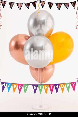 Composite de texte de joyeux anniversaire avec des banderoles colorées et des ballons sur fond blanc, espace de copie Banque D'Images