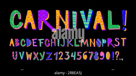 Drôle de type mexicain. Police Fiesta party, lettres et chiffres du Mexique et de l'Amérique latine avec ornements de couleur ensemble vectoriel. Abc brillant pour l'éducation Illustration de Vecteur