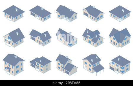 Isométrique isométrique moderne villas basses. Divers types de villas. Contour de maison de pays Illustration de Vecteur