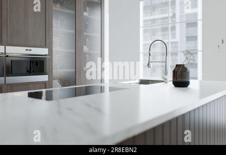 Minimalisme de la cuisine. Cuisine en bois avec grande île longue et tabourets de bar. Banque D'Images