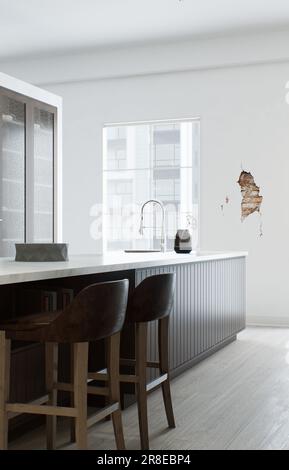 Minimalisme de la cuisine. Cuisine en bois avec grande île longue et tabourets de bar. Banque D'Images