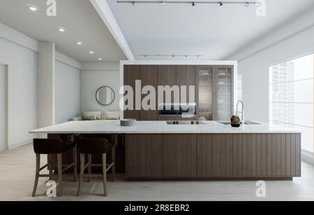 Minimalisme de la cuisine. Cuisine en bois avec grande île longue et tabourets de bar. Banque D'Images