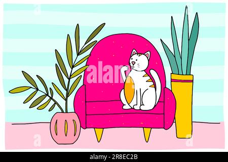 Doodle Cat sur le canapé. Animal de compagnie dessiné à la main dans un intérieur confortable avec des plantes dans un pot. Un animal à rayures blanches pache ses pattes à la maison. Line chaton s'assoit et se lave Illustration de Vecteur