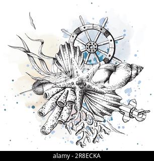 Animaux marins avec ancrage, gouvernail et bouée de sauvetage. Illustration de graphiques dessinés à la main, vecteur au format EPS. Composition isolée sur fond blanc. Illustration de Vecteur