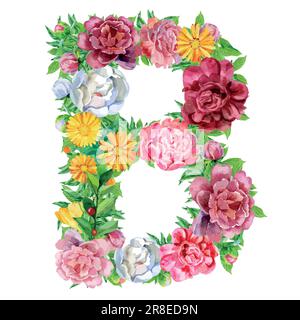Lettre B de fleurs aquarelles, main isolée dessinée sur fond blanc, design de mariage, alphabet anglais Illustration de Vecteur