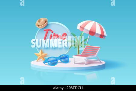 Bannière de l'été, parasol avec chaise longue pour la détente, lunettes de soleil, scène de vacances en bord de mer. Vecteur Illustration de Vecteur