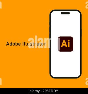 Kiev, Ukraine - 14 juin 2023 : logo Adobe Illustrator isolé sur l'écran iPhone 14 du smartphone avec fond orange. Illustrator est un graphique vectoriel Illustration de Vecteur
